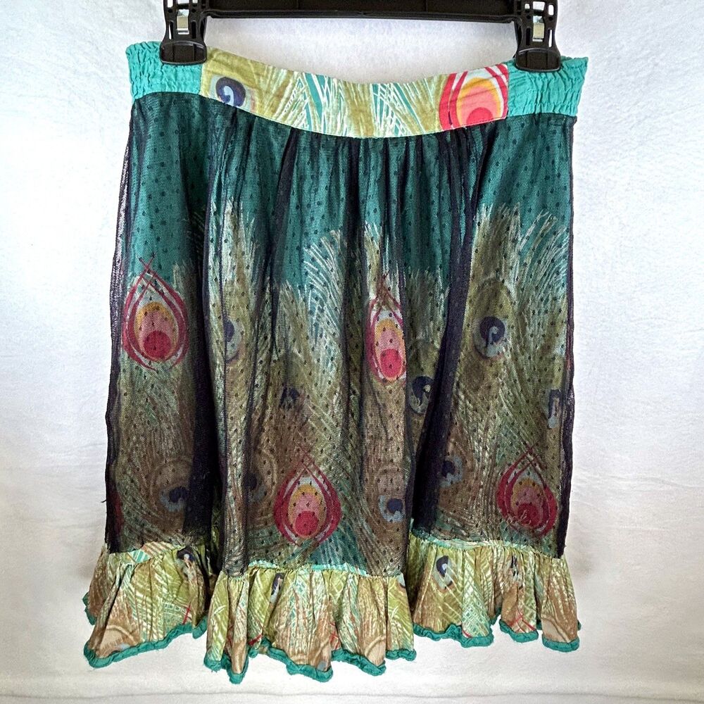 Desigual Short Skirt Peacock w/ Mesh Overlay Sz S whimsical festival funky indie